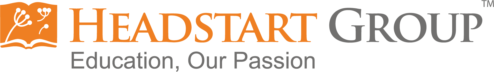 an orange logo of headstart with a grey motto